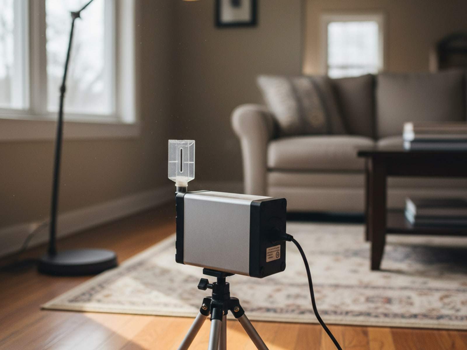 Mold air sampling pump with a spore trap cassette on a tripod in a living room