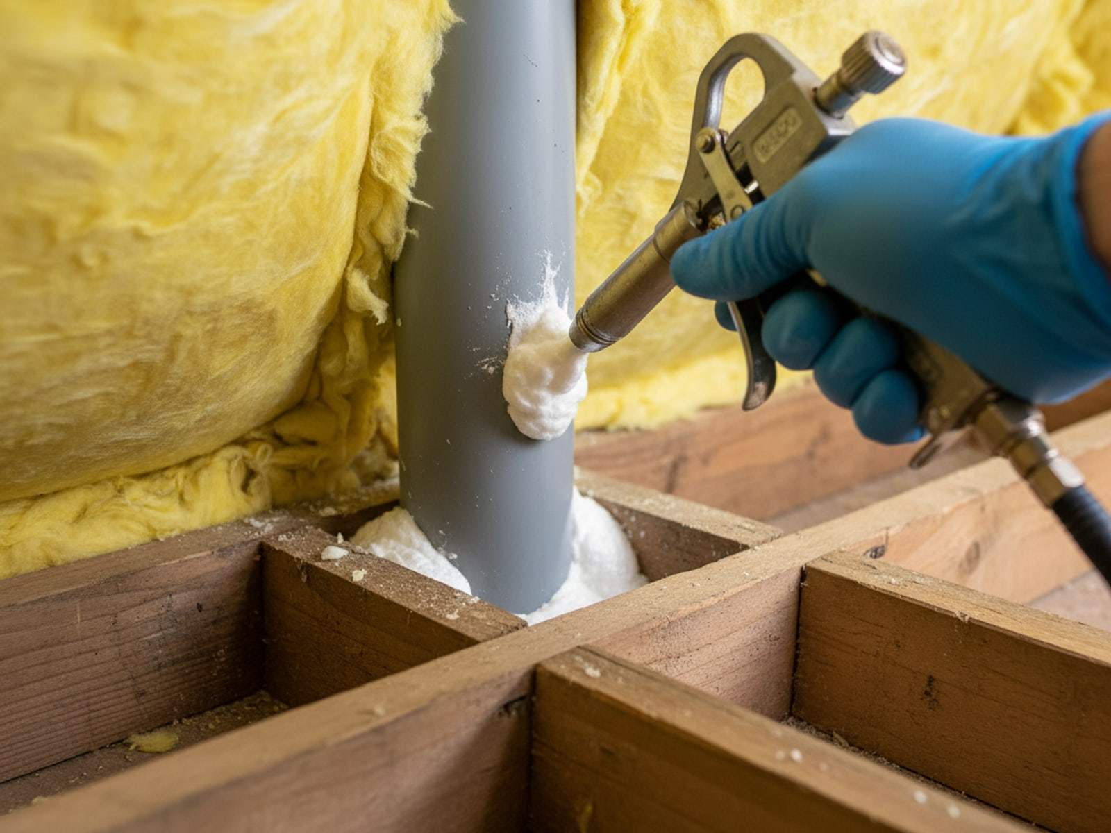 Gloved hand sealing around a plumbing vent pipe in the attic floor