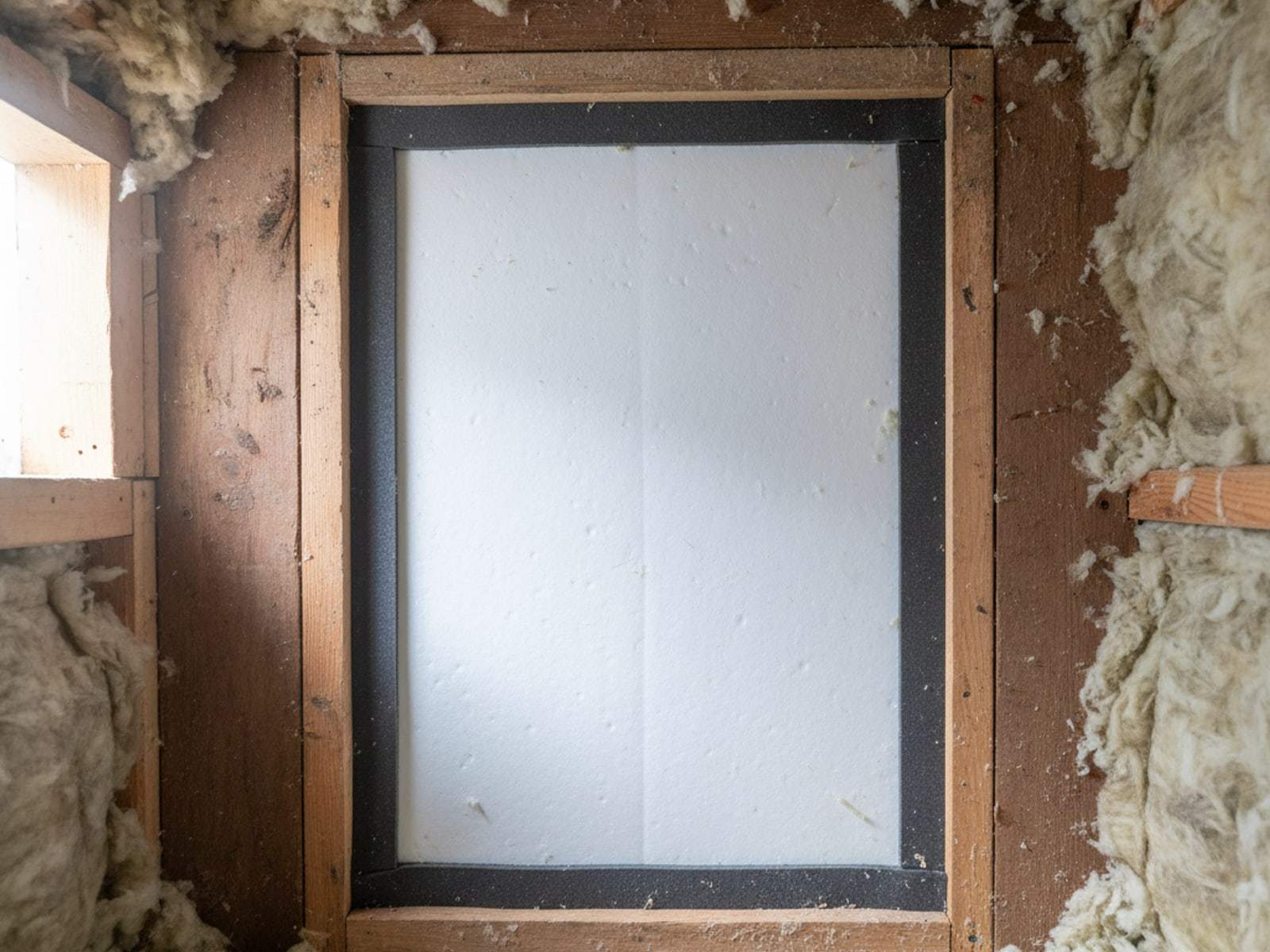 Attic access hatch fitted with rigid foam insulation and weatherstripping