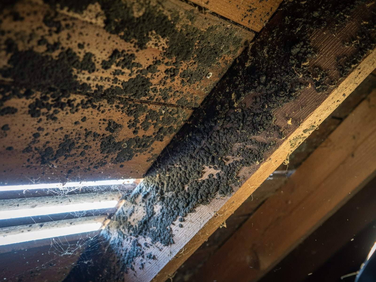Dark mold staining on attic rafters and roof decking near the eaves