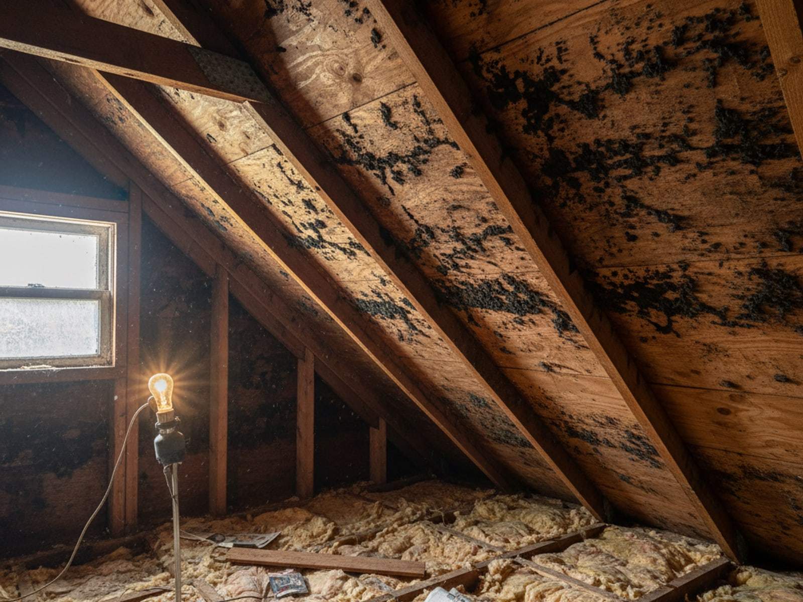 Mold removal calculator: black mold across attic roof sheathing, where cost depends on size and access