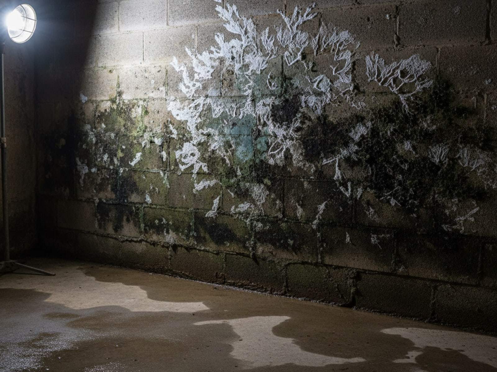 Mold and white efflorescence on a damp concrete block basement wall