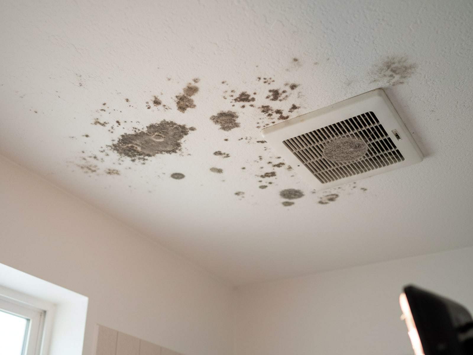 Mold removal Henrietta NY: dark mold spots on a bathroom ceiling around the exhaust fan grille