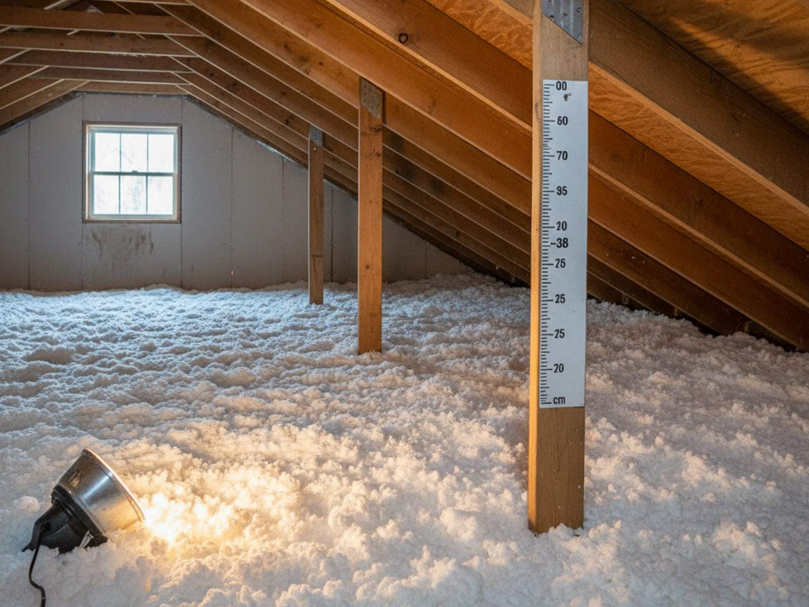 Attic insulation Rochester NY: freshly blown-in cellulose insulation covering an attic floor with a depth marker