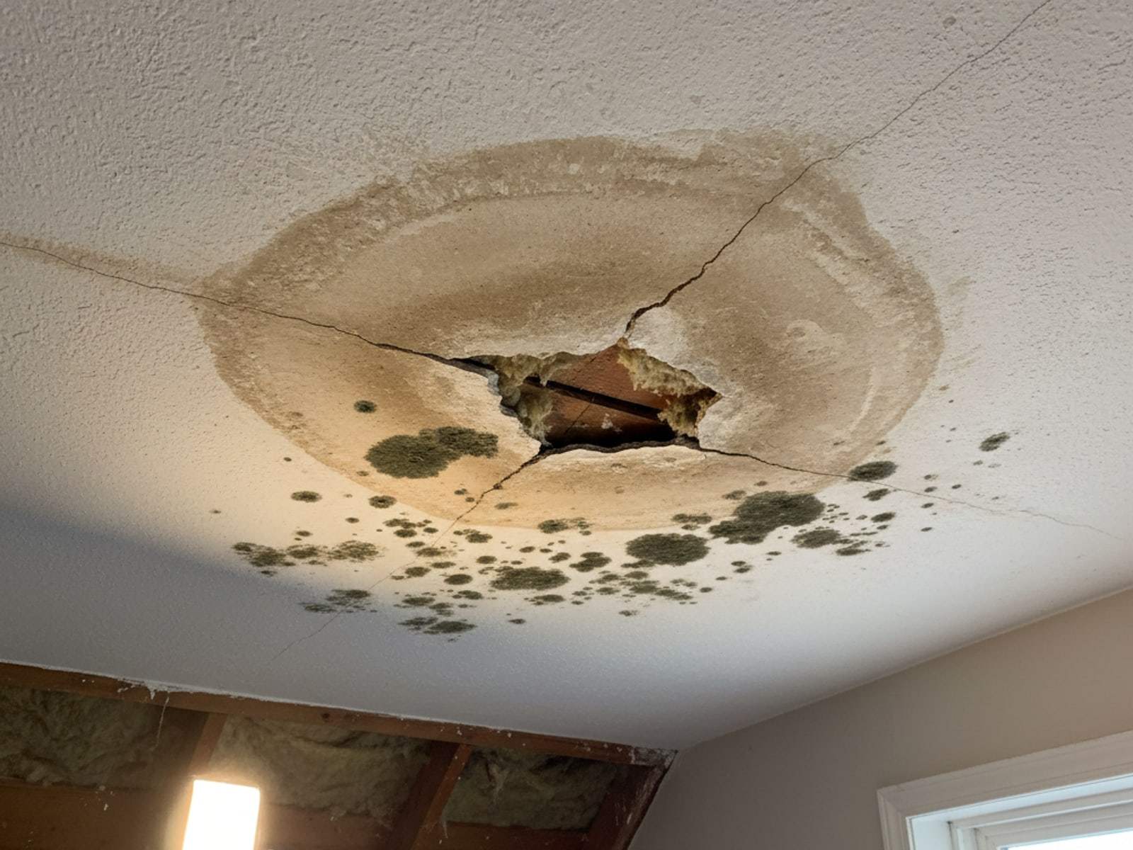 Mold removal Churchville NY: water stain and mold spotting on a ceiling below a roof leak