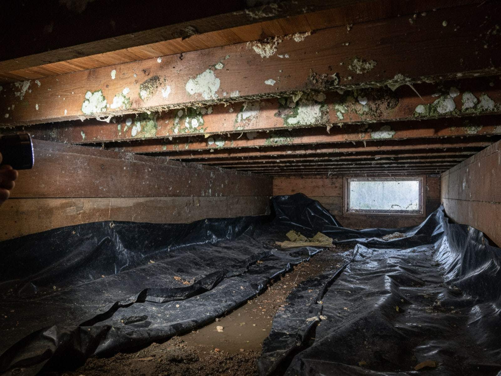 Mold removal Fairport NY: mold on wooden floor joists inside a damp crawlspace with a torn vapor barrier