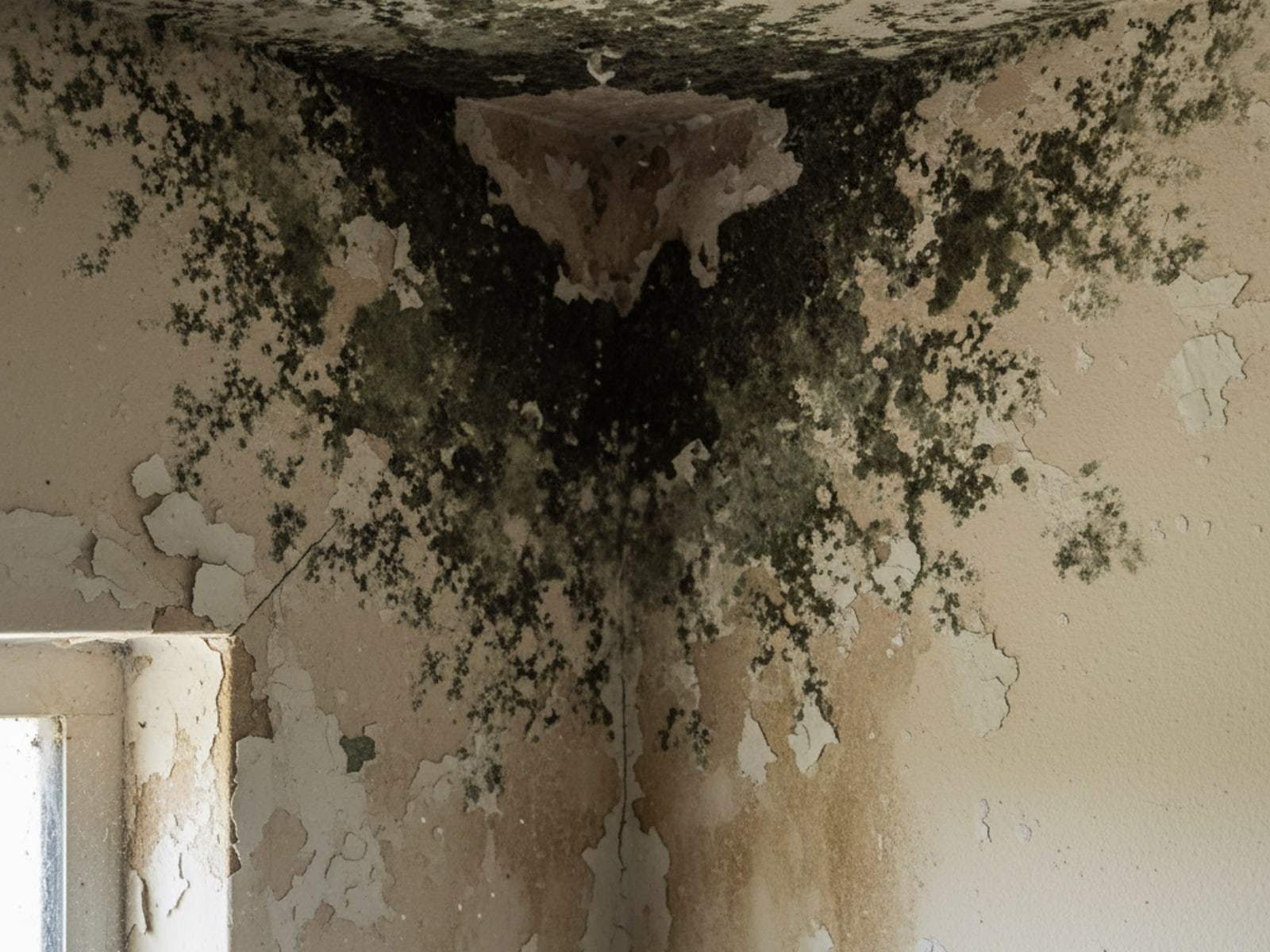 Black mold spreading across the upper corner of a painted drywall wall
