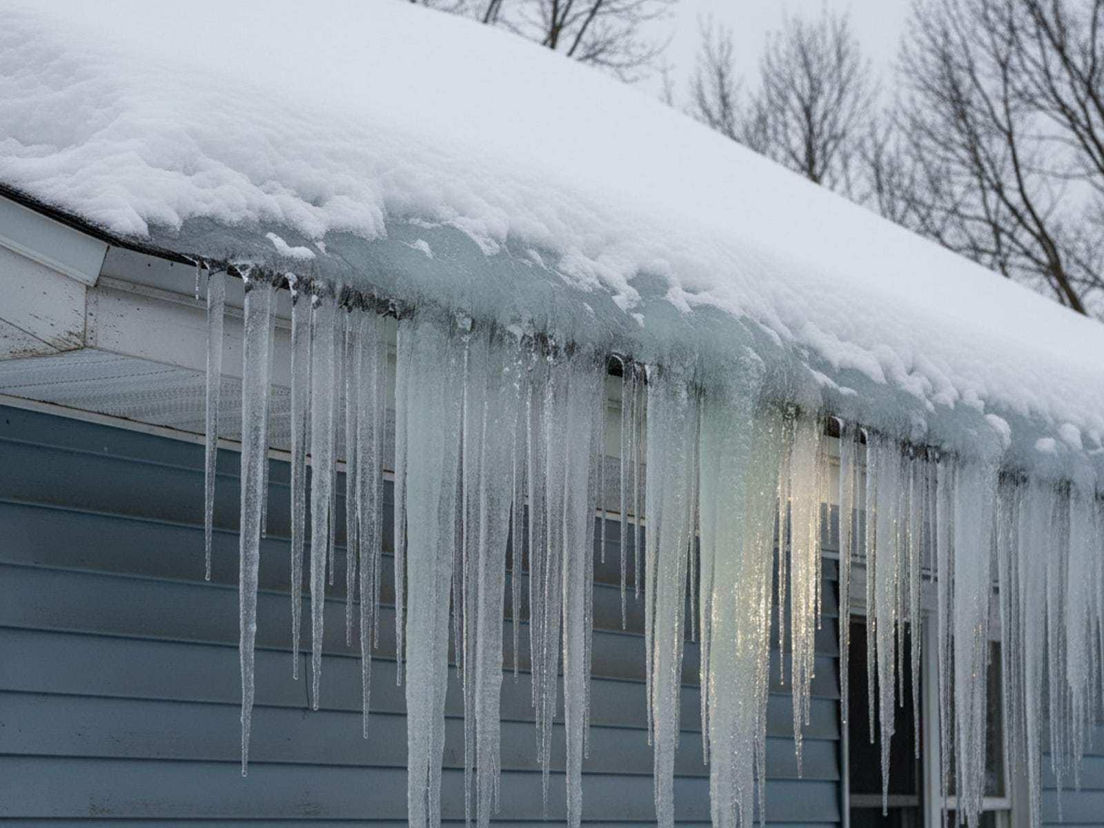 Ice dam and long icicles along the gutter edge of a snow-covered roof