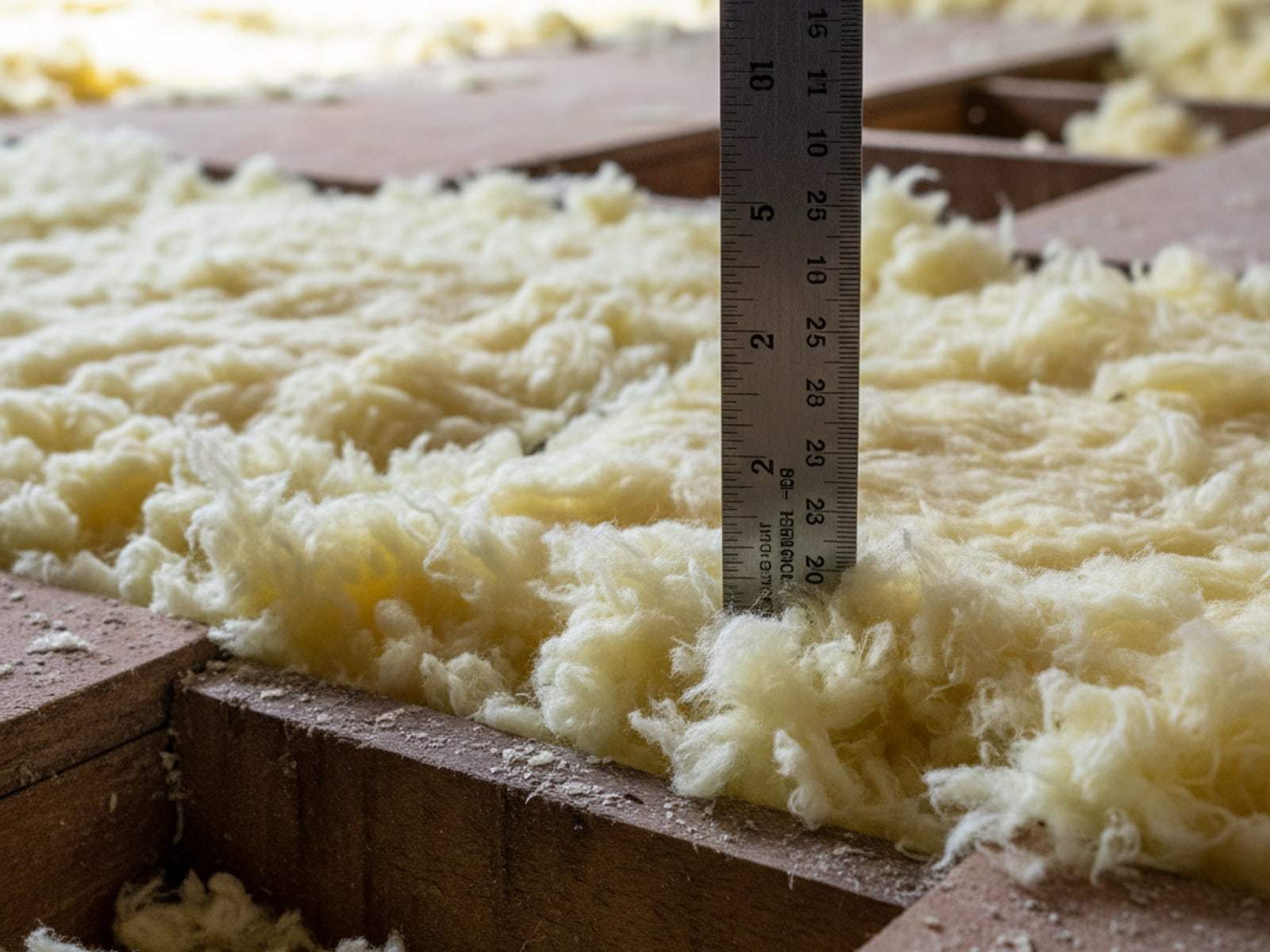 Ruler measuring the depth of loose-fill insulation on an attic floor