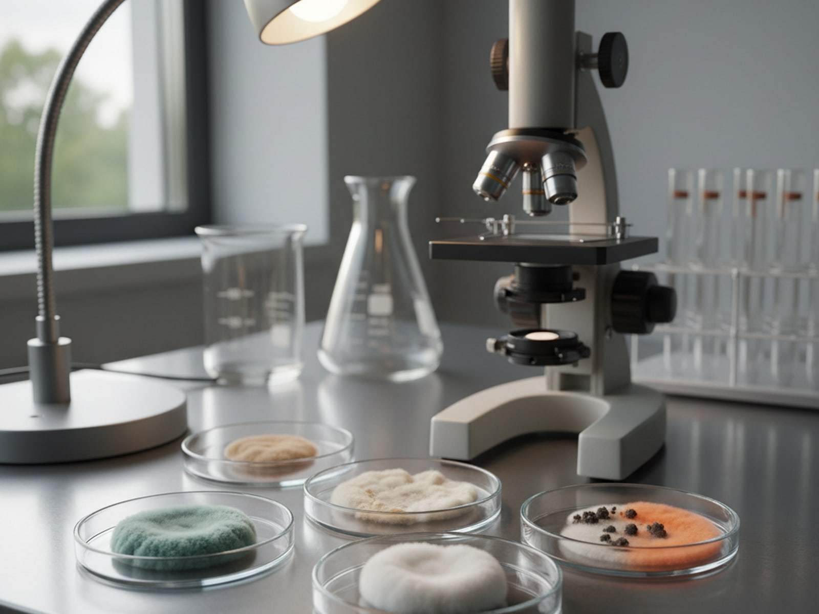 Petri dishes with mold cultures beside a microscope on a lab bench