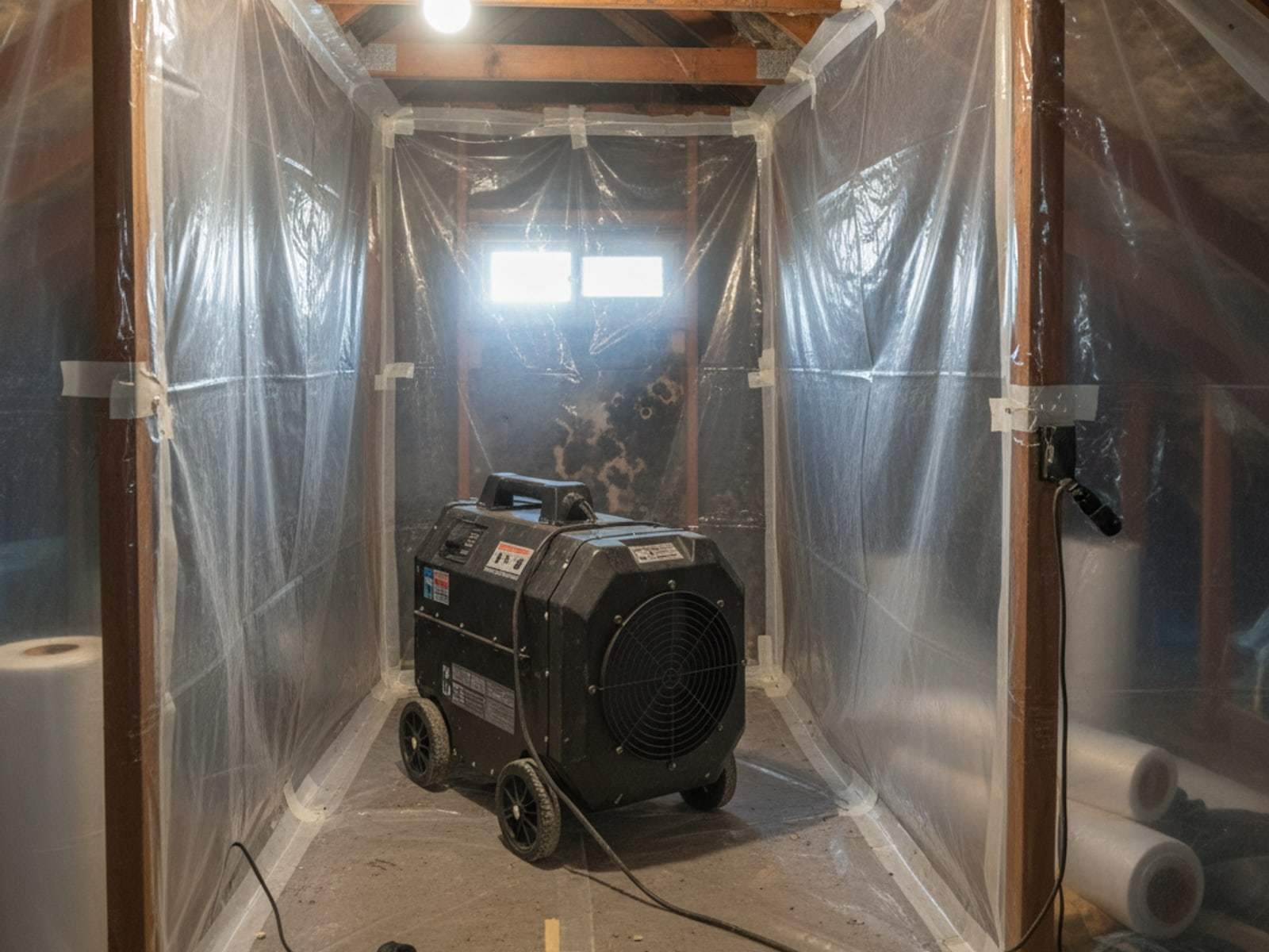 HEPA air scrubber inside plastic sheeting containment during mold cleanup