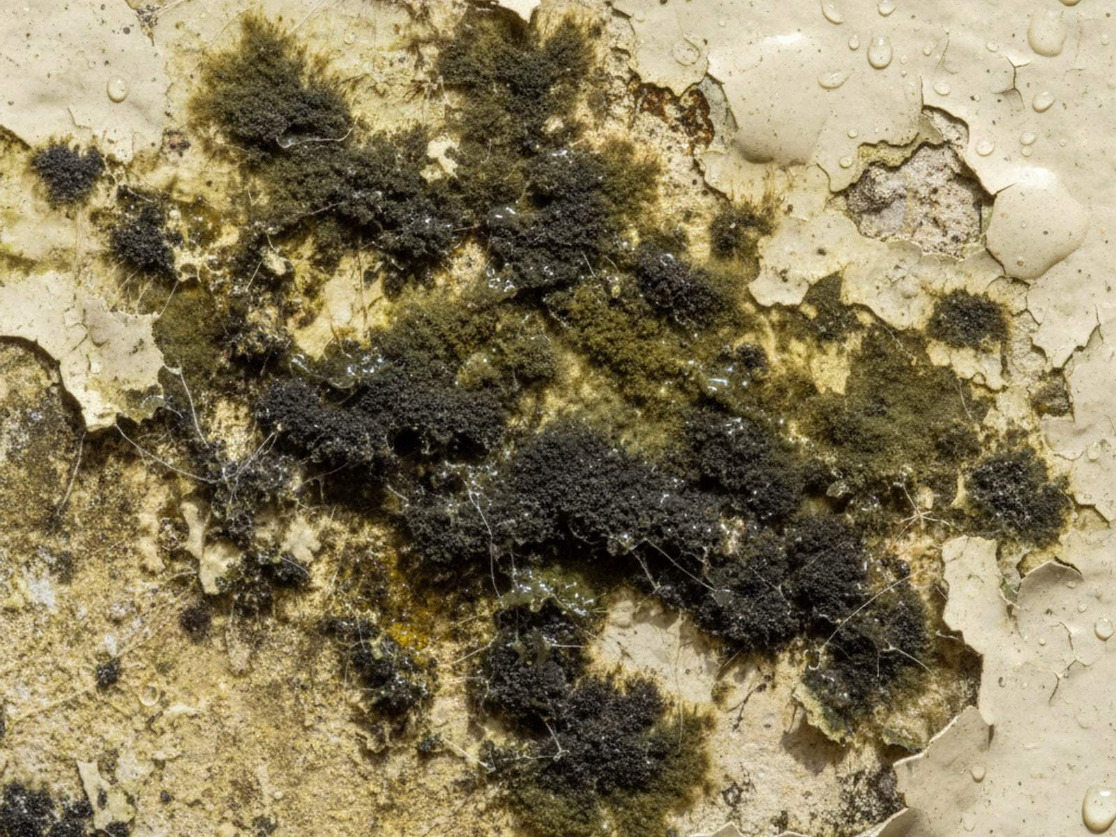 Close-up of black and green mold colonies on a damp painted wall