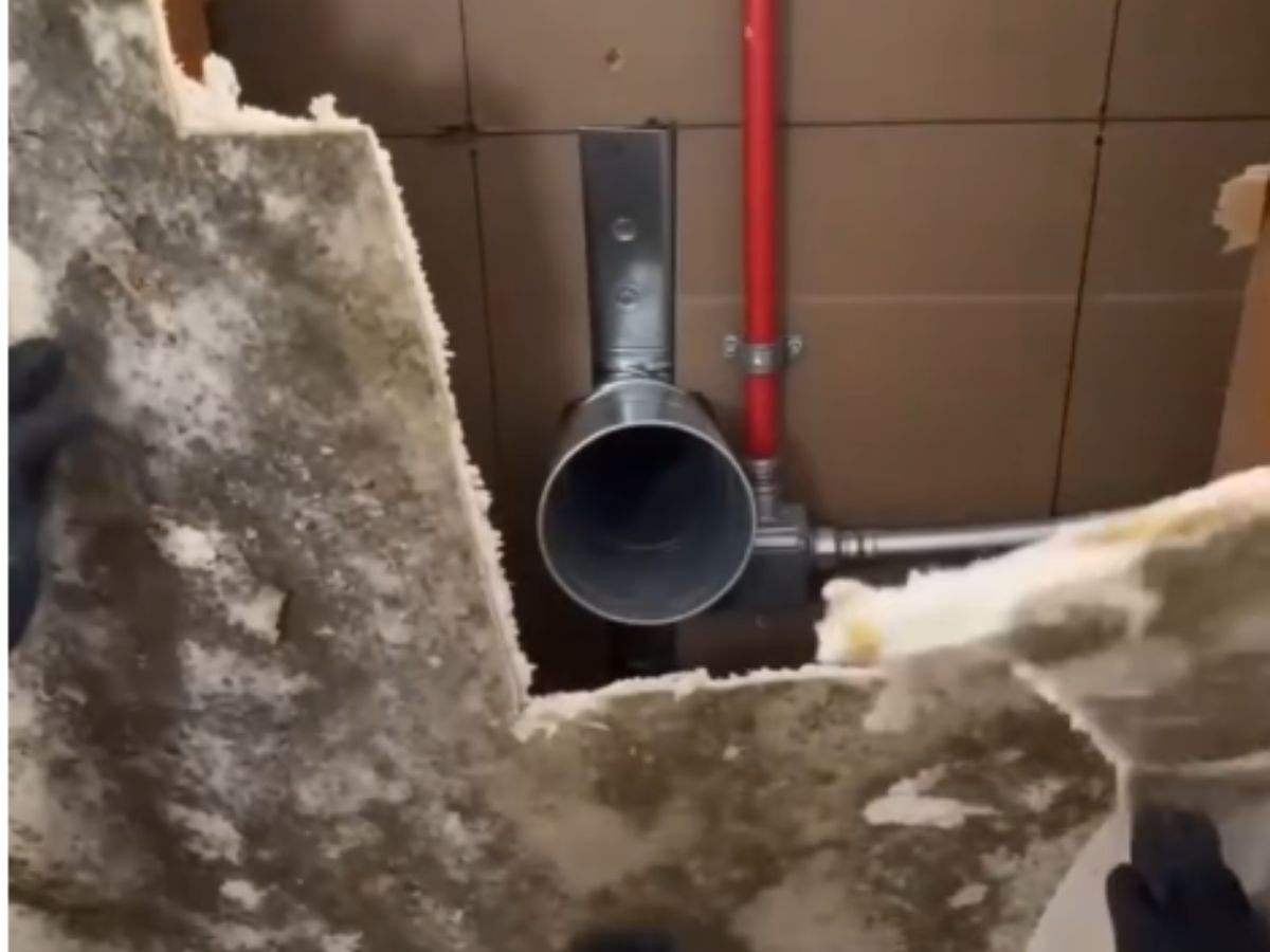 Mold-covered board being pulled away to expose the plumbing in the cavity behind it