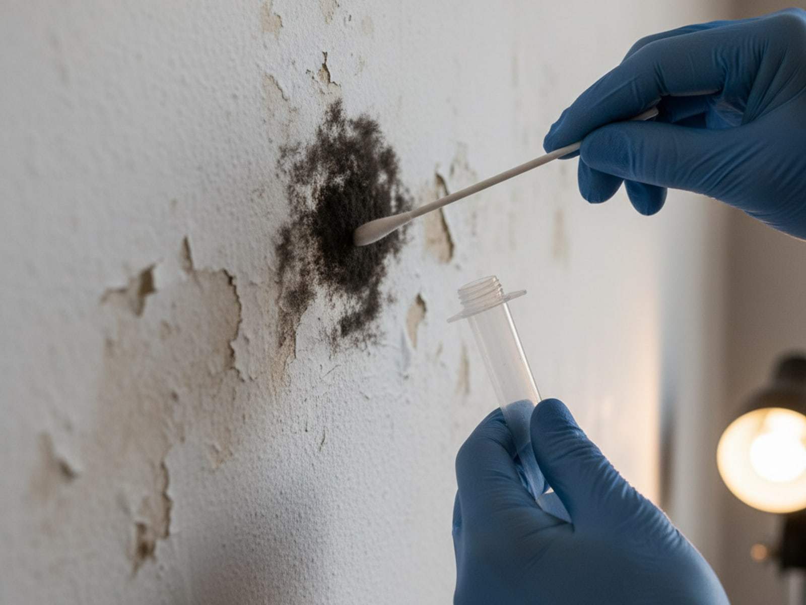 Mold testing Rochester NY: gloved hand swabbing a patch of black mold on a wall for a surface sample