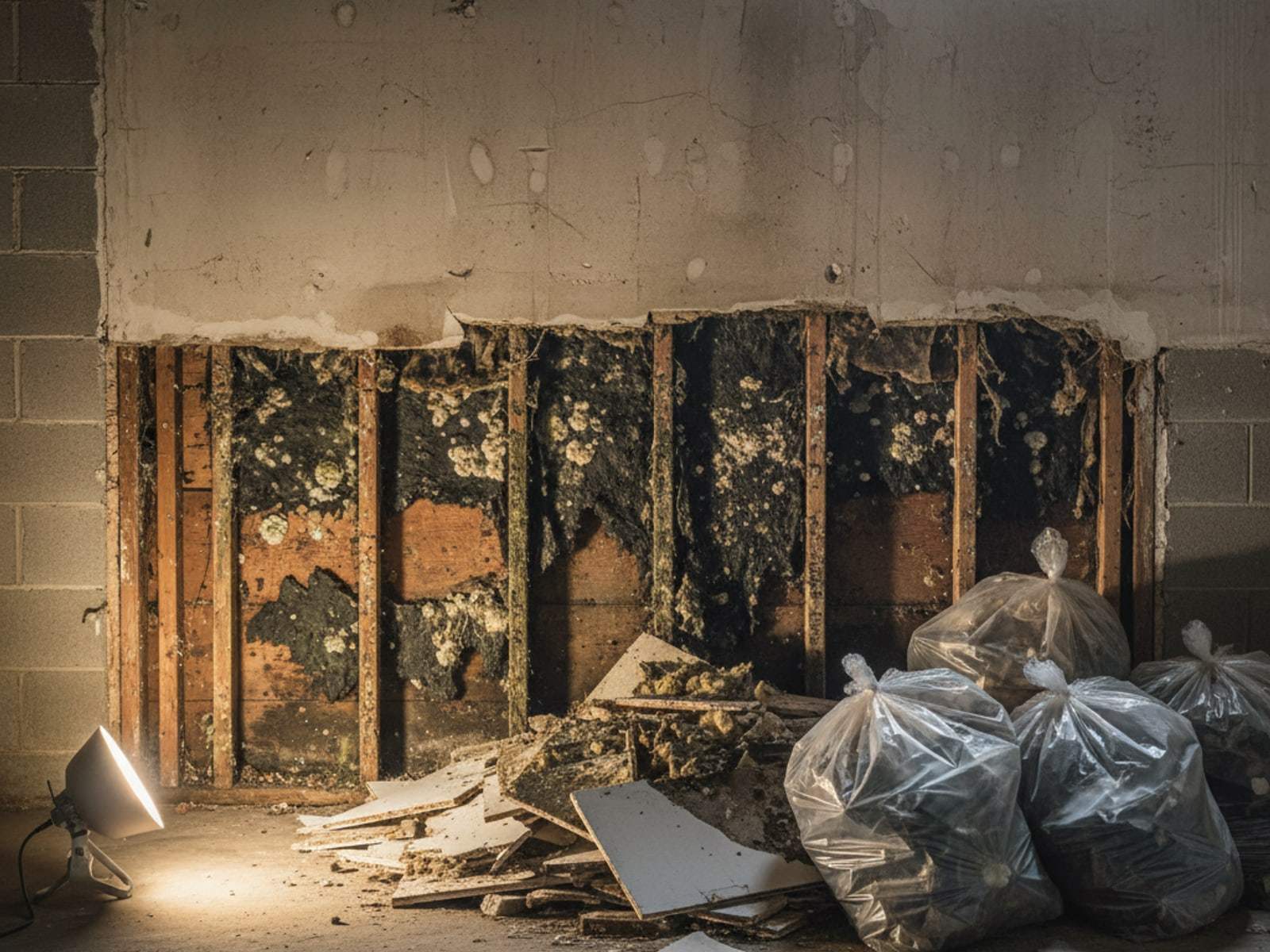 Moldy drywall cut away from a basement wall exposing the wood studs