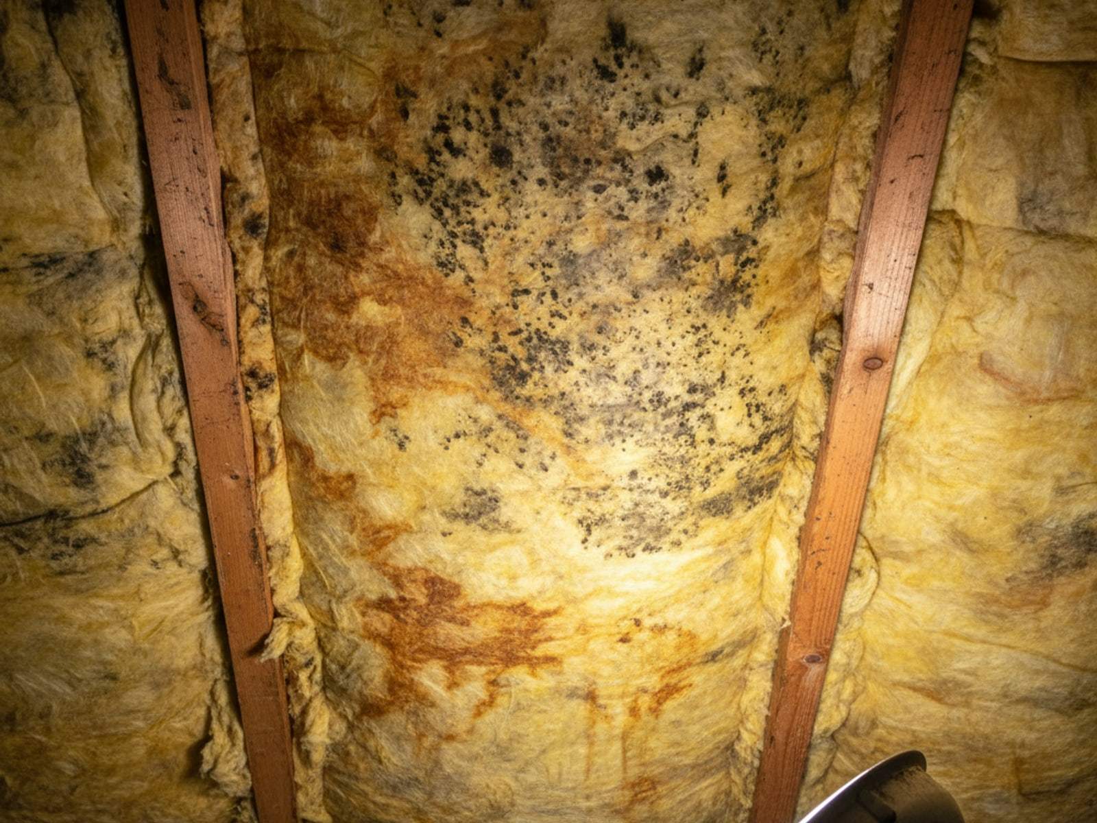 Damp fiberglass attic insulation with dark mold spots and water staining