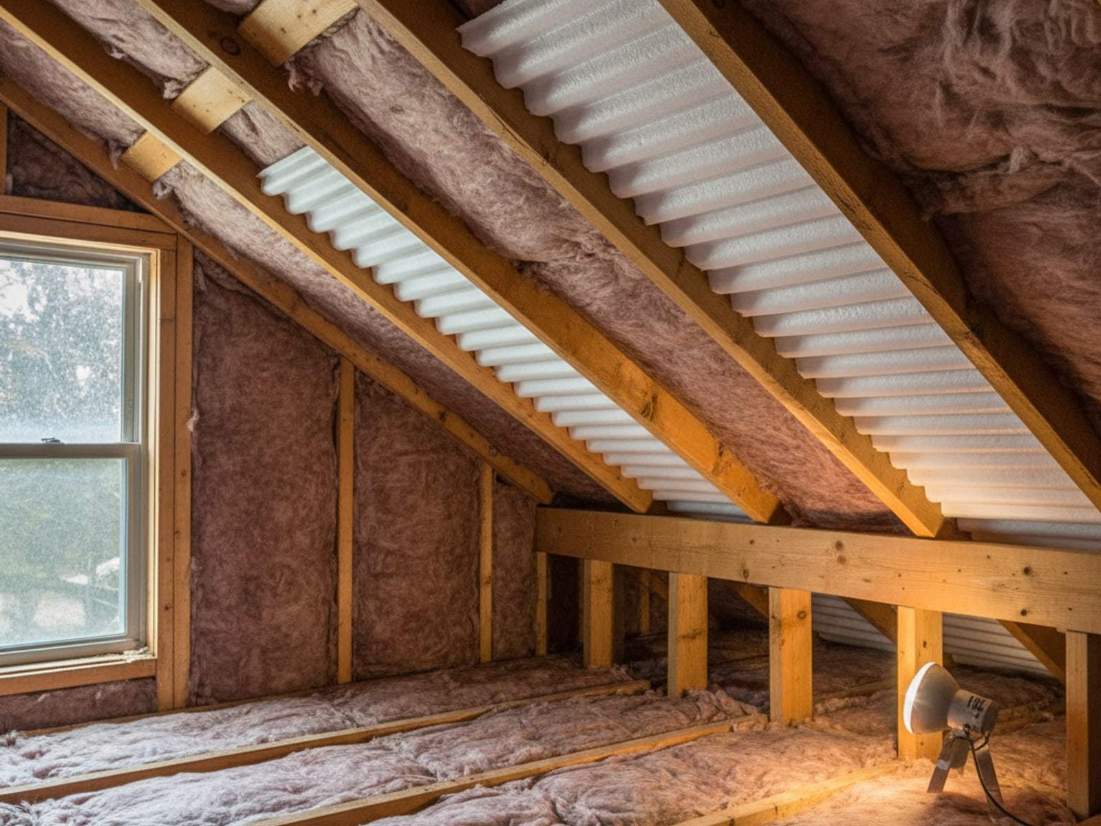 Attic insulation Webster NY: foam rafter baffles keeping soffit vents clear above attic insulation