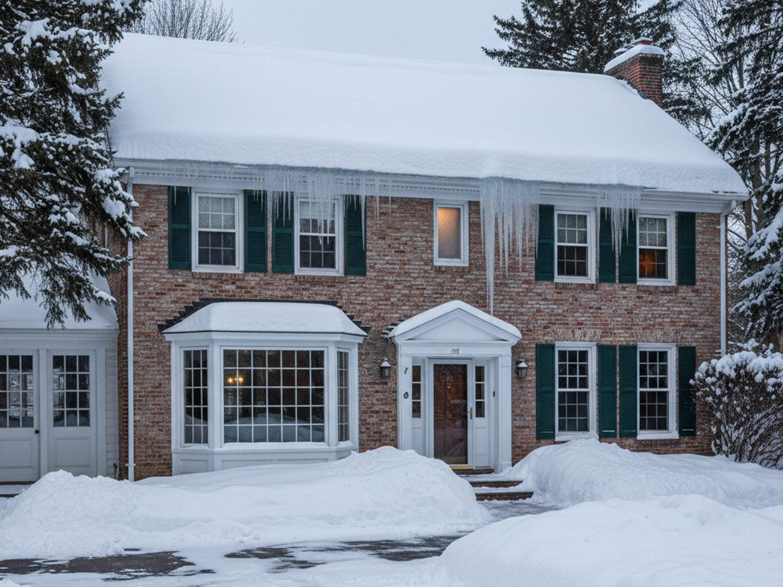 Colonial house with deep snow on the roof and icicles at the eaves