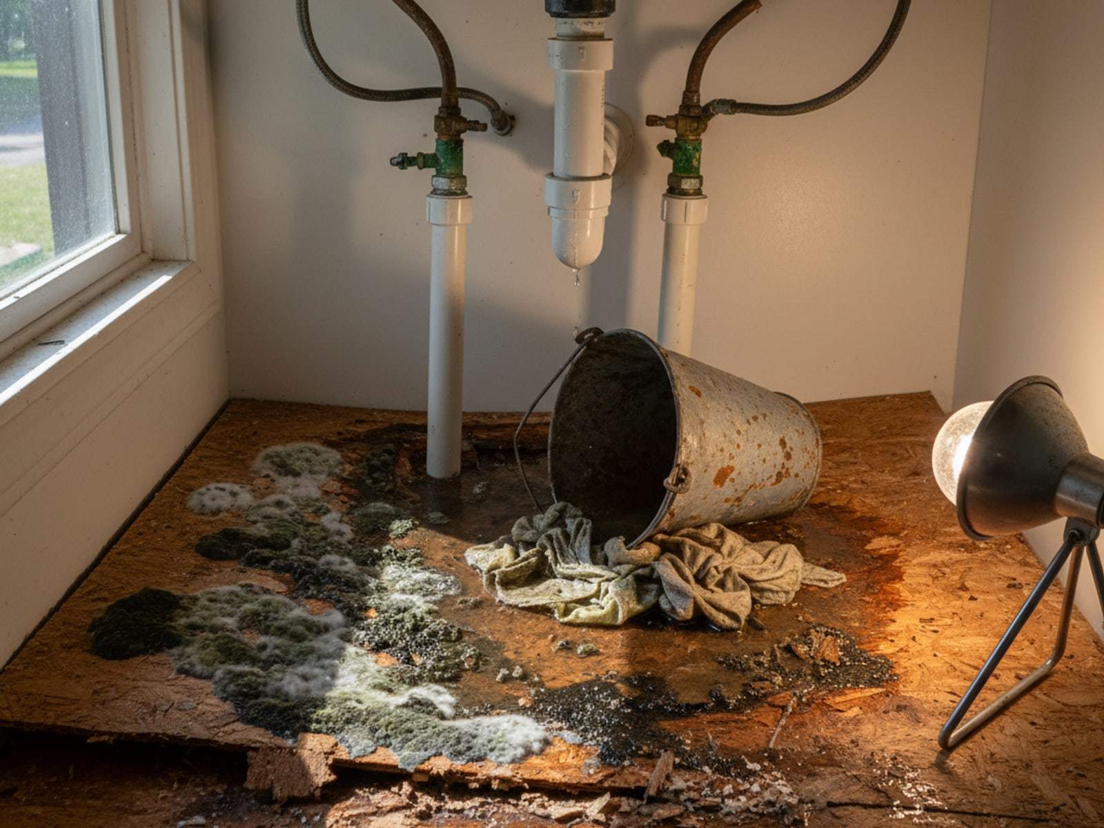 Mold removal Spencerport NY: mold and water damage on the cabinet floor under a kitchen sink