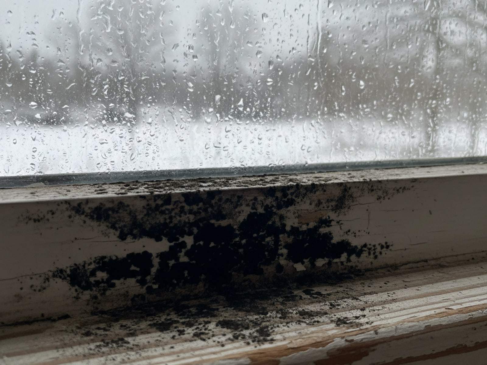 Black mold along a wooden window sill below heavy condensation on the glass